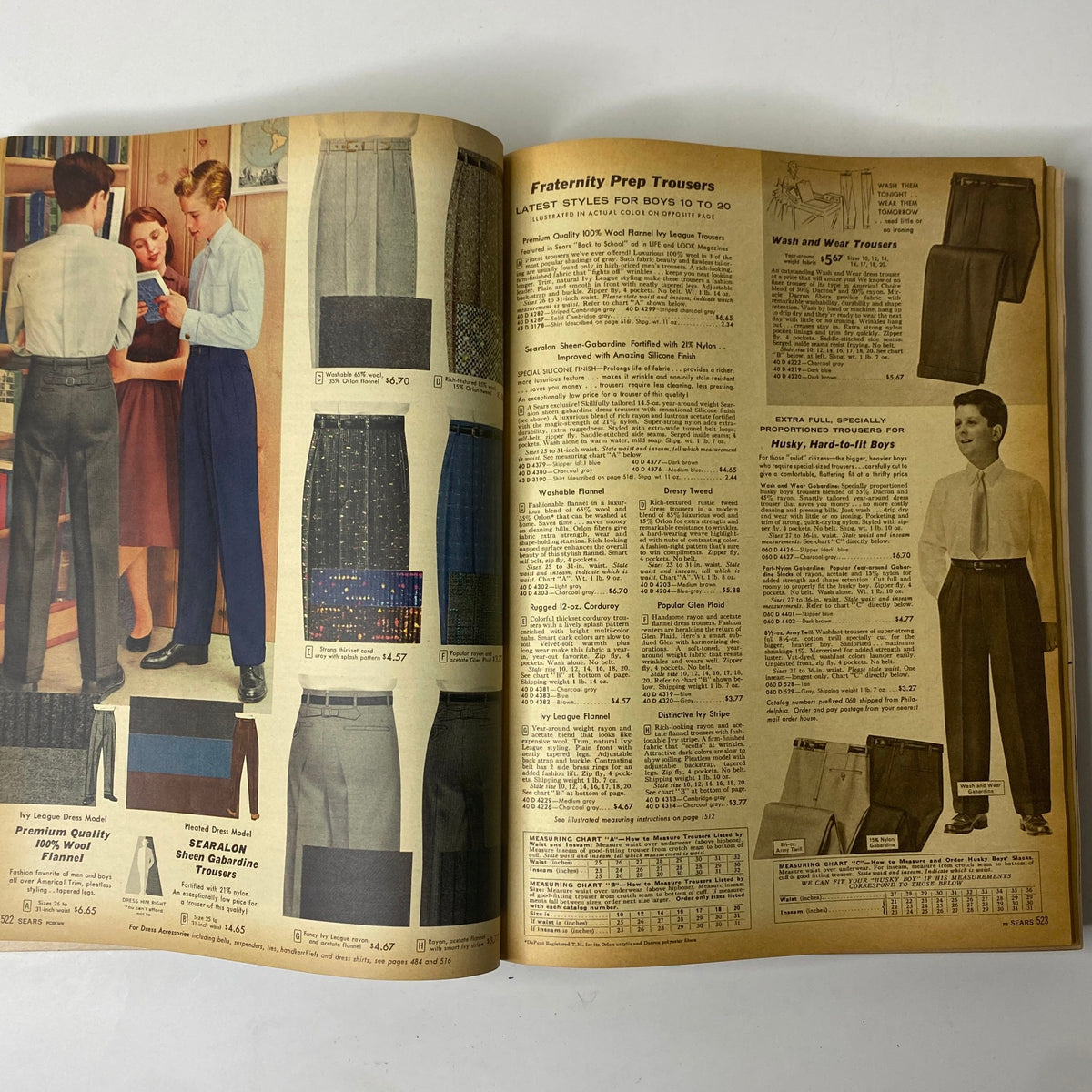 1957 Sears Roebuck and Co. Fall and Winter Catalog featuring boys' trousers and stylish prep outfits, reflecting the fashion trends of the 1950s.
