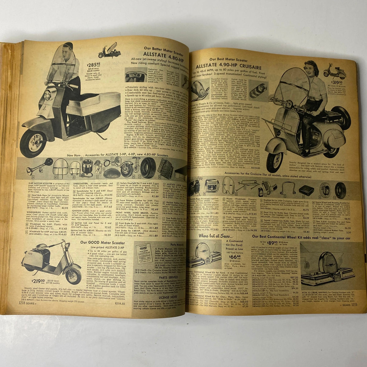 Page featuring motor scooters and accessories from the 1957 Sears Roebuck and Co. Fall and Winter Catalog, including detailed specifications and prices.