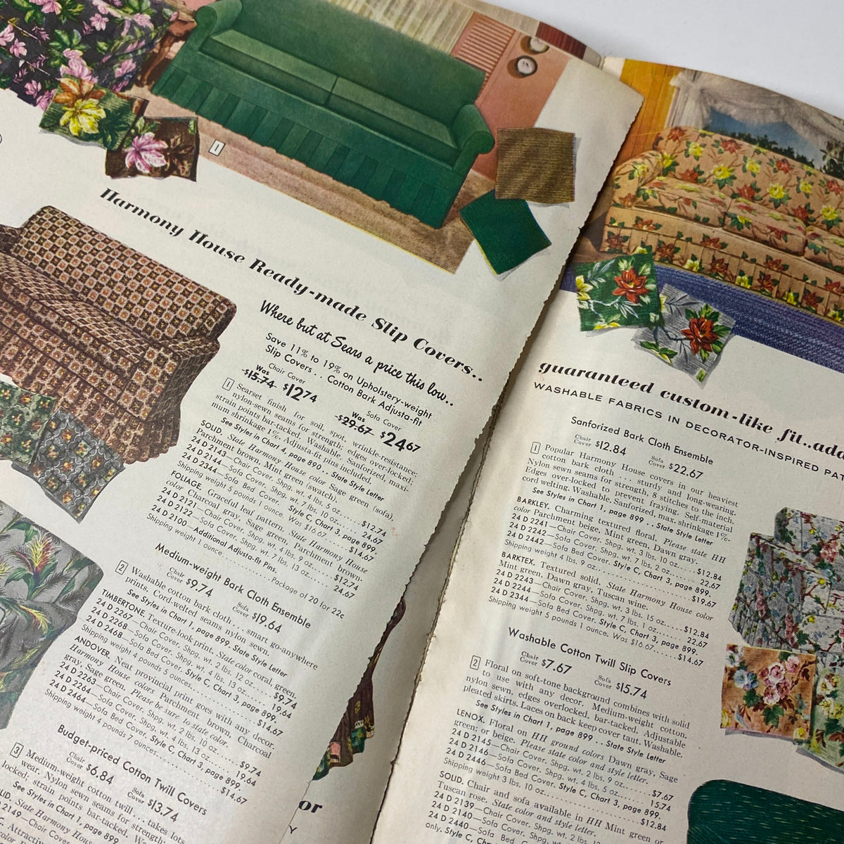 Page displaying slip covers and fabrics from the 1957 Sears Roebuck and Co. Fall and Winter Catalog, highlighting various patterns and prices.