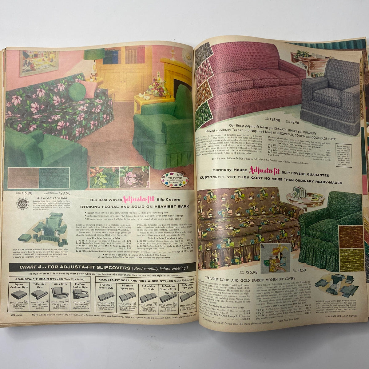 Page from the 1956 Sears Roebuck and Co. Fall and Winter Catalog illustrating slipcovers and upholstery options for sofas and chairs in vibrant 1950s patterns.