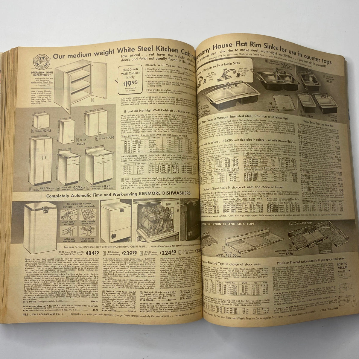 Catalog page from the 1956 Sears Roebuck and Co. Fall and Winter Catalog presenting kitchen cabinetry and sinks, focusing on vintage kitchen design essentials.