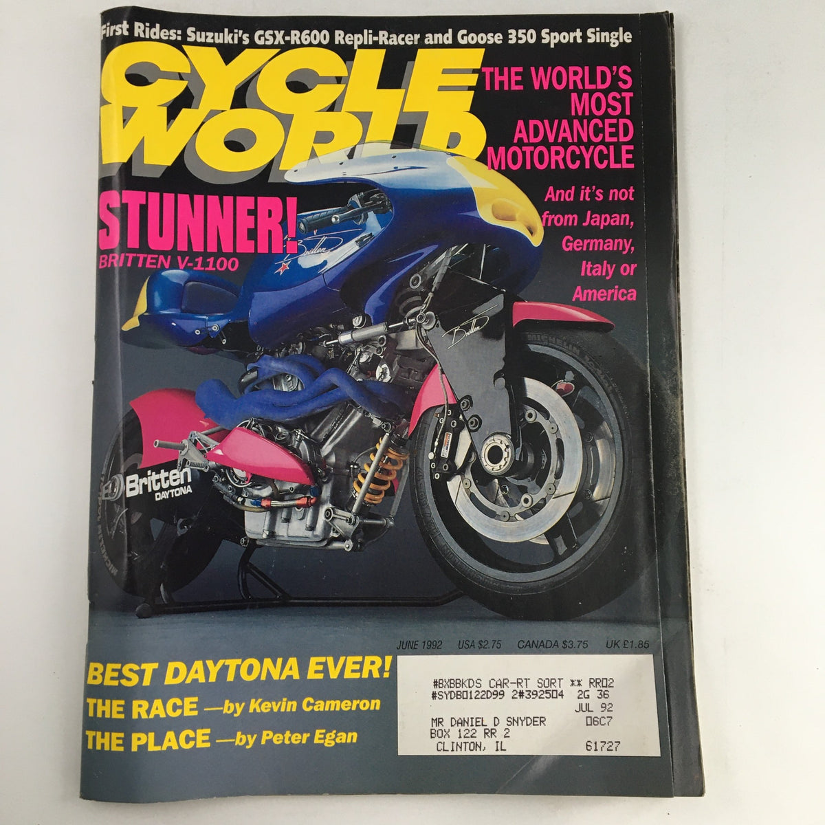 Cycle World Magazine June 1992 cover featuring the Britten V-1100 motorcycle, highlighting its innovative design, with additional features on the Suzuki GSX-R600 and Goose 350.