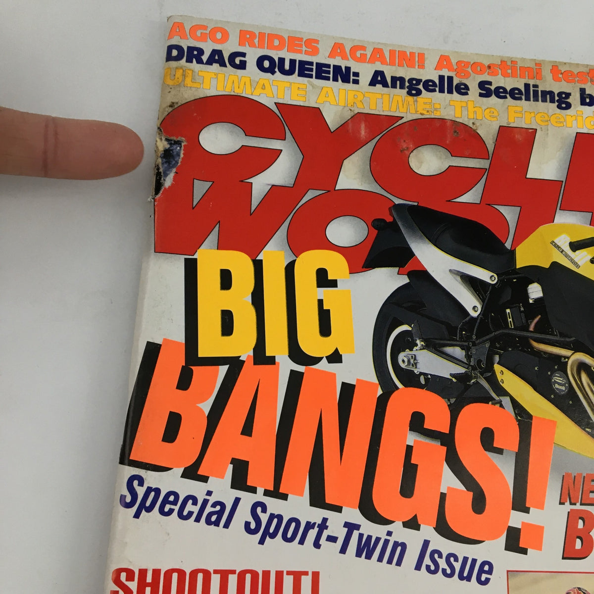 Close-up view of Cycle World Magazine September 1998 cover showing damage on top left corner and highlighting incredible graphics for the Ducati 916 and Suzuki TL1000R comparison.