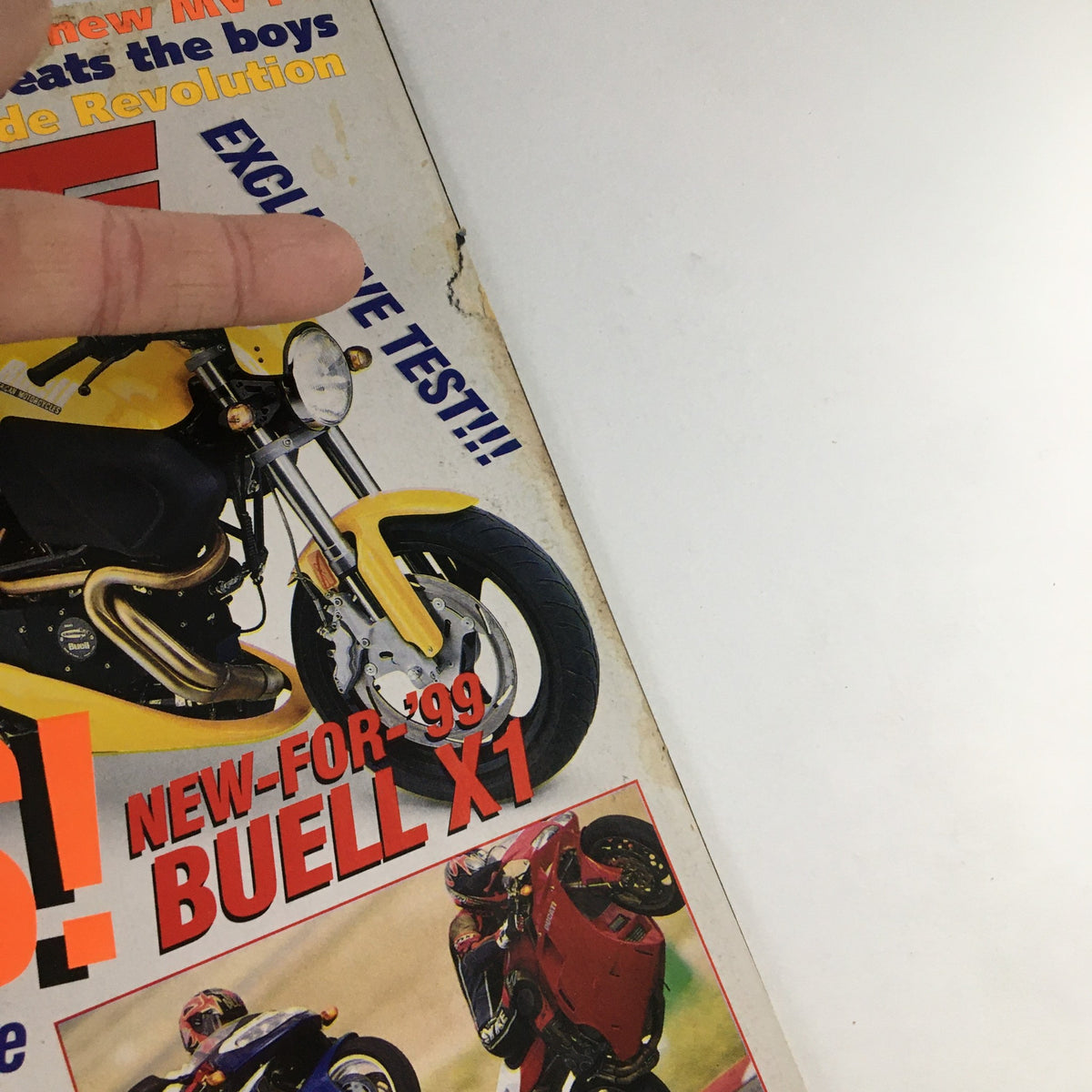 Detailed image of the Cycle World Magazine September 1998 cover emphasizing the Buell X-1 motorcycle and various performance highlights from the shootout.