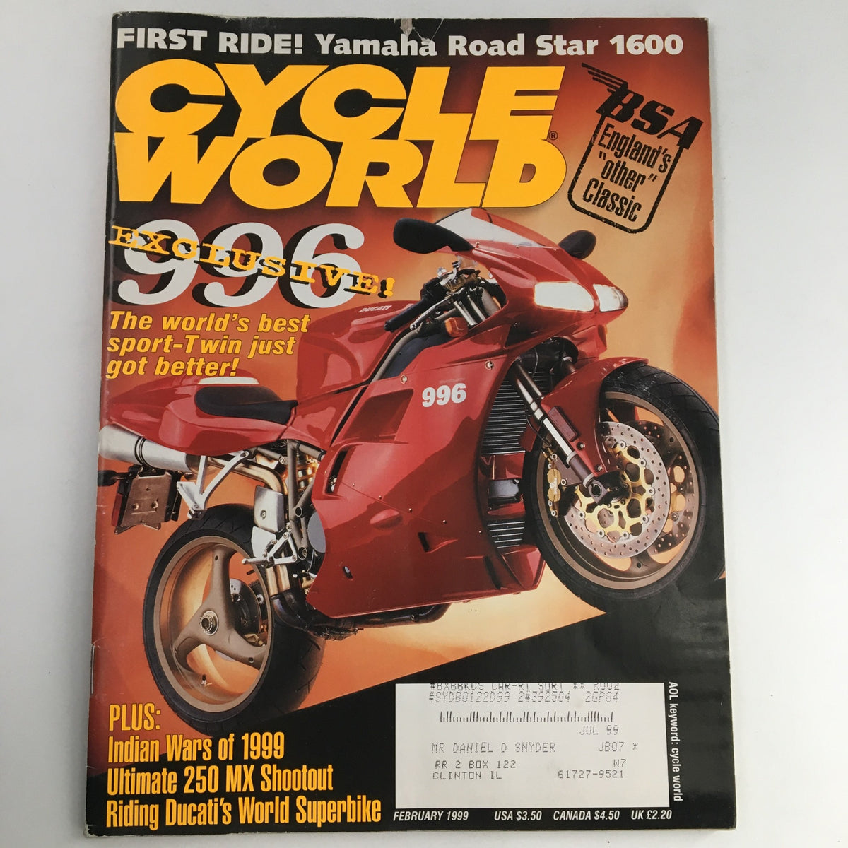 Cycle World Magazine February 1999 cover featuring Yamaha Road Star 1600 and Ducati 996. Highlights include a first ride on the Yamaha Road Star and exclusive features on motorcycle culture.