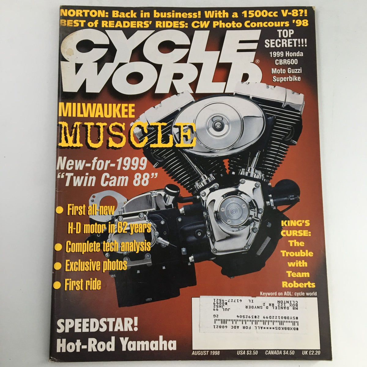 Cycle World Magazine August 1998 featuring Honda CBR600 1999 and Motor Guzzi Superbike with a high-performance engine on the cover.