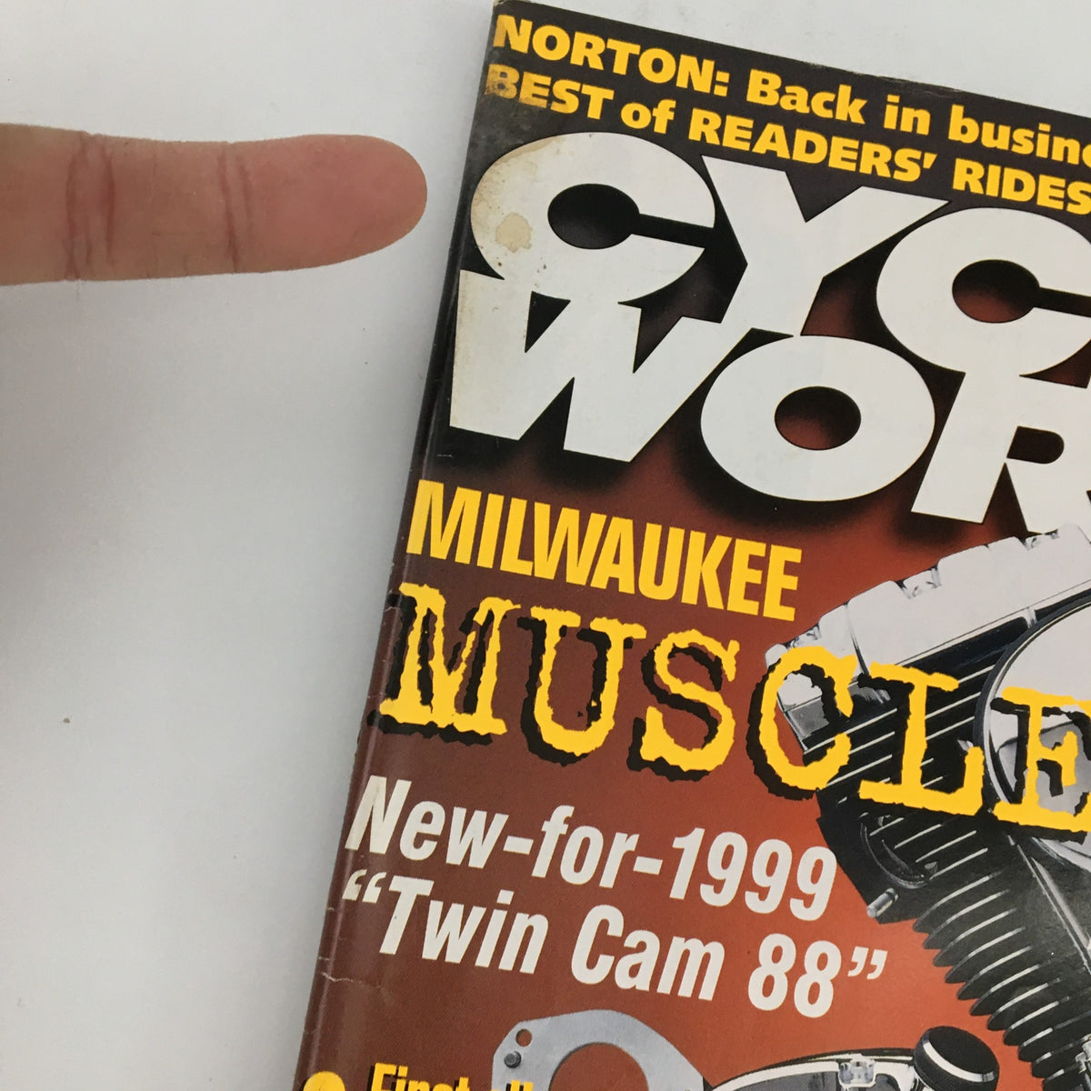 Close-up view of Cycle World Magazine August 1998 cover highlighting the bold title and engine features, showcasing Honda CBR600 1999 and Motor Guzzi Superbike.
