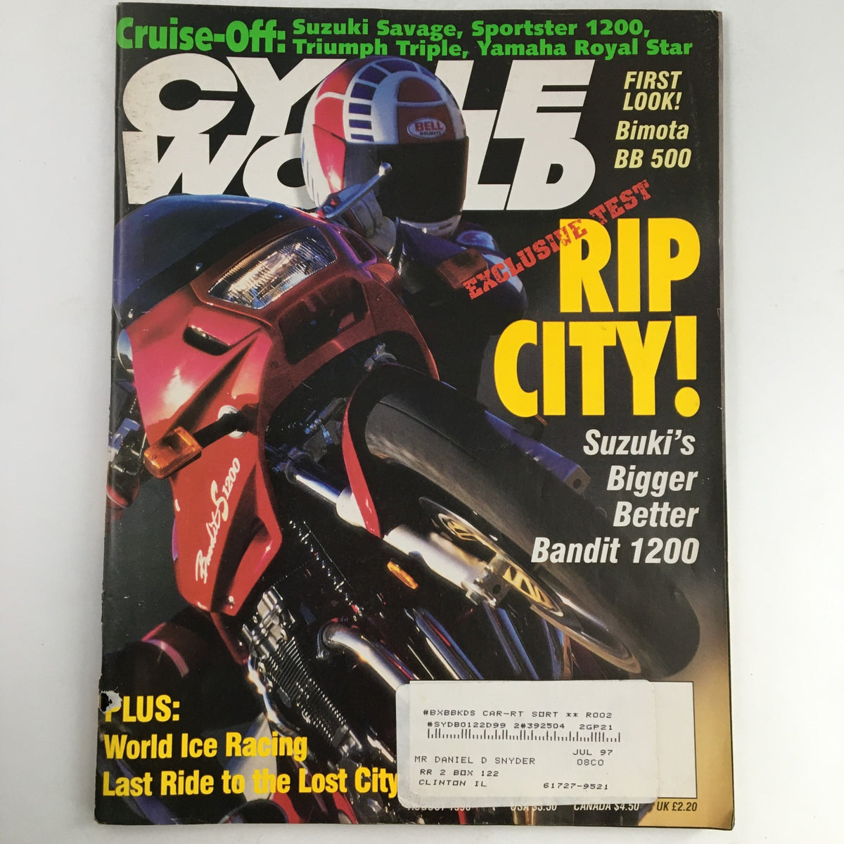 Cycle World Magazine August 1998 featuring Suzuki Bandit 1200, Savage, and Sportster 1200 on the cover, showcasing vibrant motorcycle imagery and title promotions.