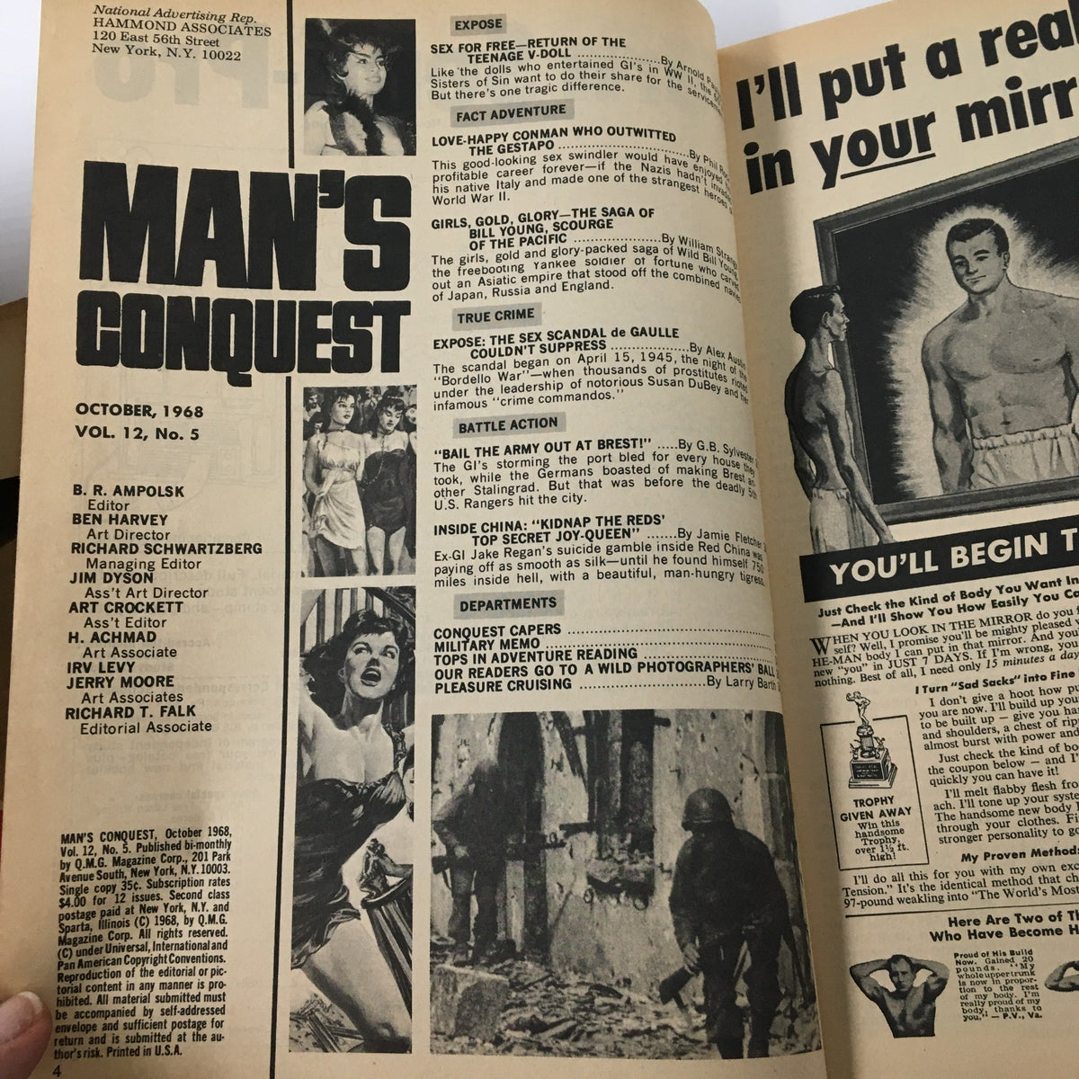 Interior pages of VTG Man's Conquest Magazine October 1968 showcasing the table of contents and visuals related to articles including 'Inside China' and 'Kidnap the Reds', reflecting the magazine's vintage style.