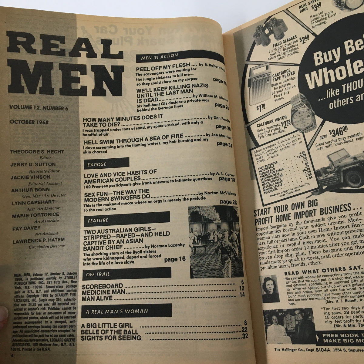 Interior page of VTG Real Men Magazine October 1968 presenting a table of contents and features, including articles on love, vice, and cultural dynamics of couples in the 1960s.