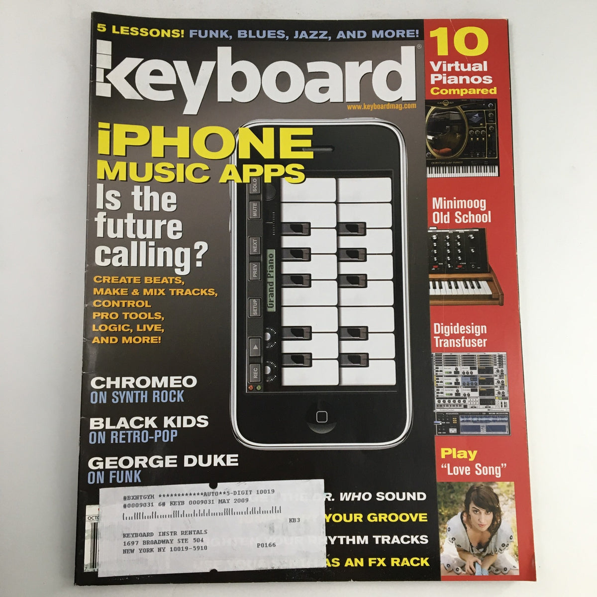Cover of Keyboard Magazine October 2008 featuring iPhone Music Apps, George Duke, and Chromeo. The magazine highlights virtual pianos and the future of music technology.