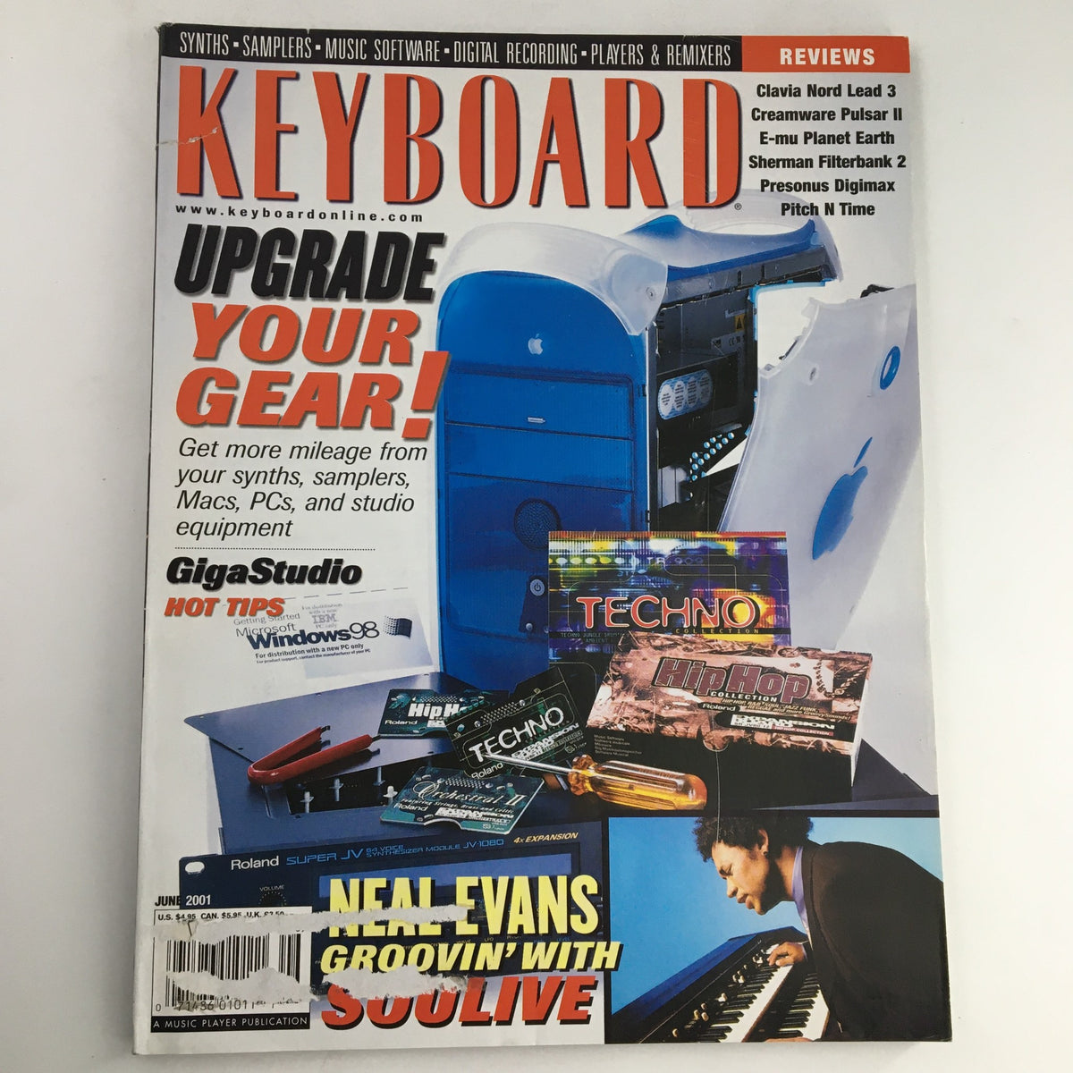 Keyboard Magazine June 2001 featuring Neal Evans, Giga Studio, and Clavia Nord Lead 3 on the cover. The magazine showcases equipment upgrades and tips for musicians and producers.