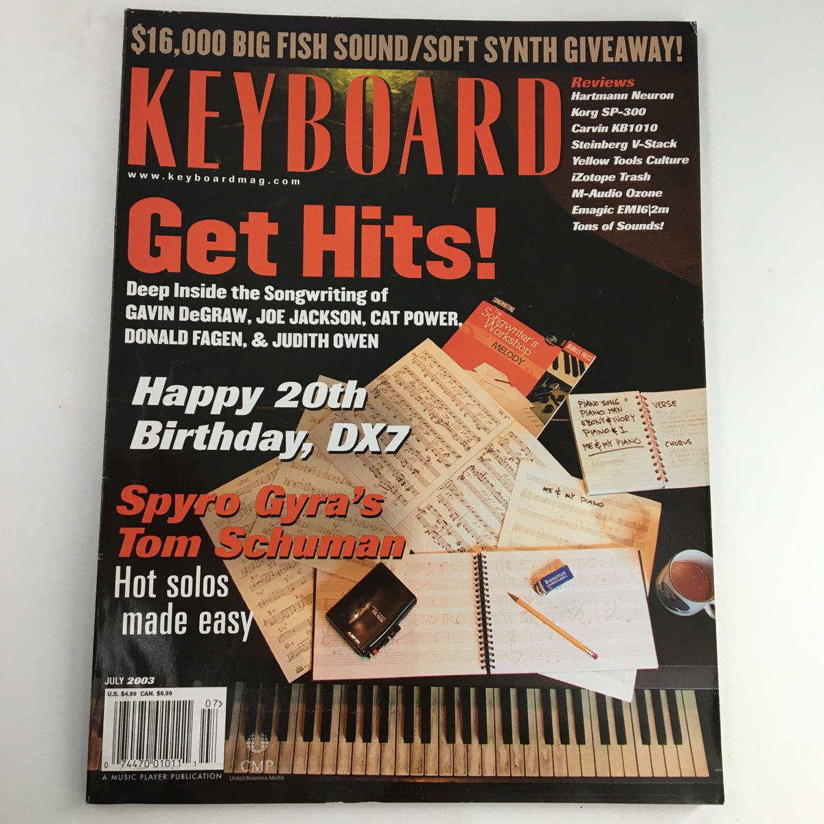 Keyboard Magazine July 2003 featuring Spyro Gyra's Tom Schuman; highlights songwriting insights from Gavin DeGraw, with a bold cover and details about a big sound giveaway.