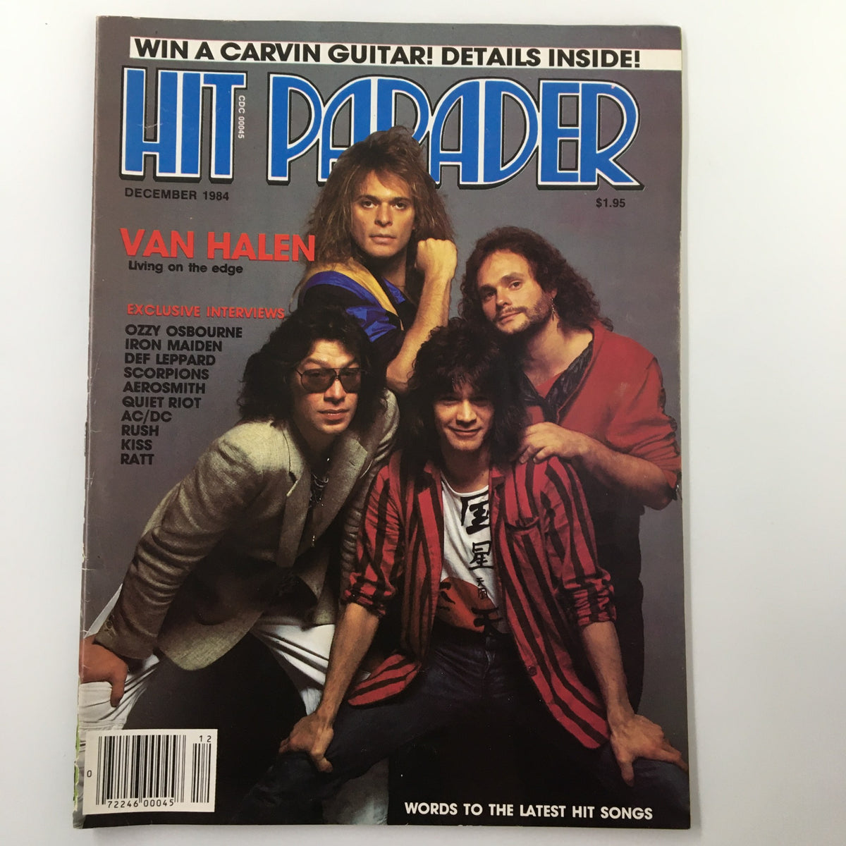 Hit Parader Magazine cover from December 1984 featuring Van Halen with the title 'Living on the Edge'. Four band members are prominently displayed, showcasing 1980s rock fashion.