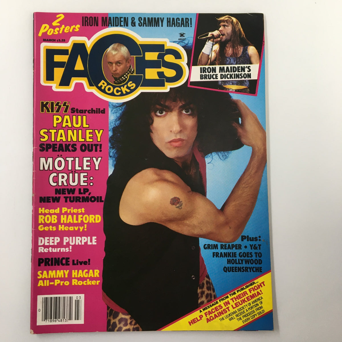Faces Rocks Magazine March 1985 cover featuring Paul Stanley of KISS and Bruce Dickinson of Iron Maiden, showcasing iconic rock culture.