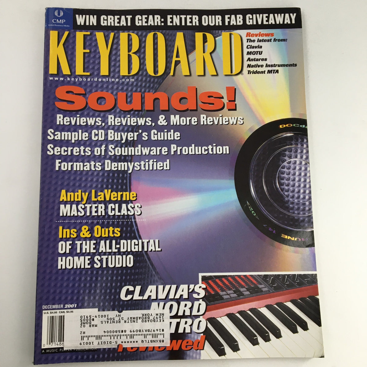 Cover of Keyboard Magazine December 2001 featuring Andy LaVerne Master Class and Clavia's Nord Nitro, highlighting music reviews and studio insights.