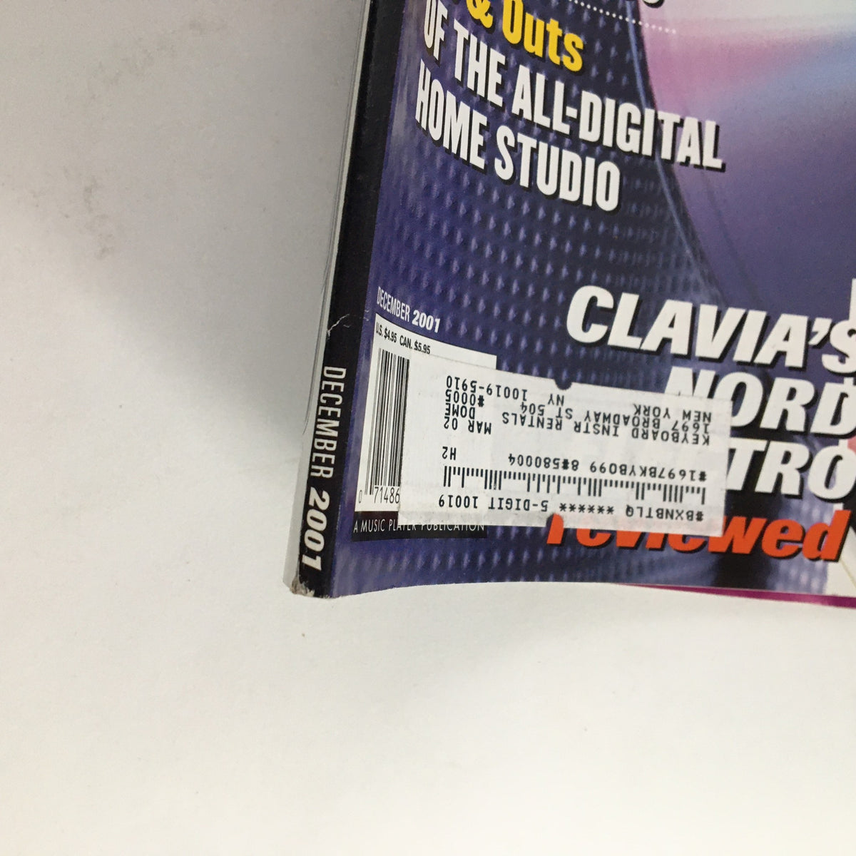 Side view of Keyboard Magazine December 2001 showing publication details and features such as Andy LaVerne Master Class and Clavia's Nord Nitro.