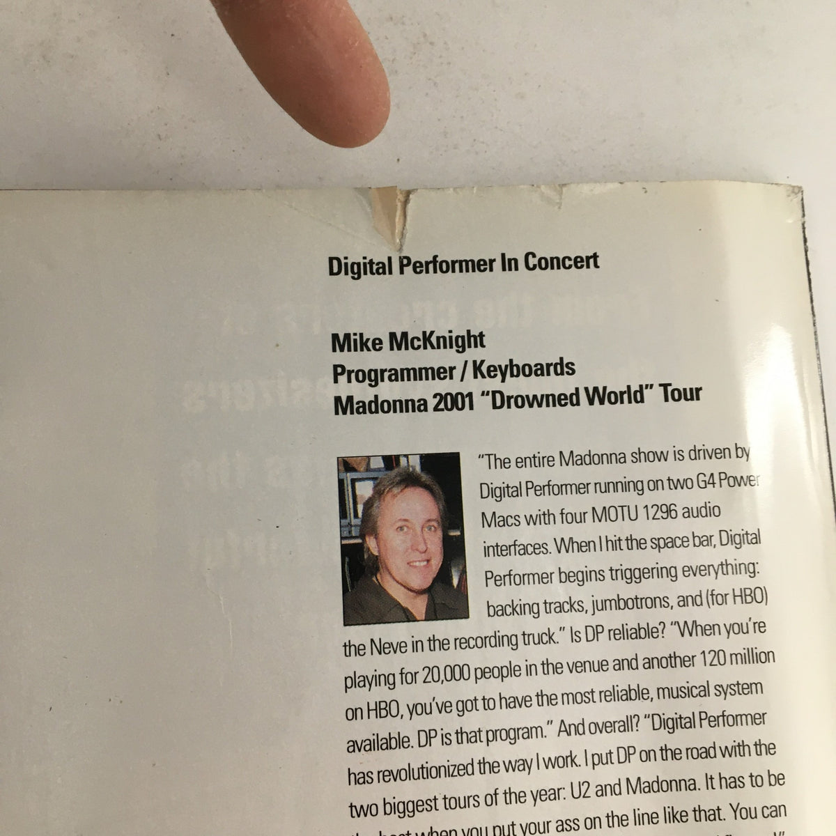 Image from Keyboard Magazine December 2001 featuring an article on Digital Performer in Concert, highlighting programmer Mike McKnight and his work with Madonna during the 2001 'Drowned World' Tour.