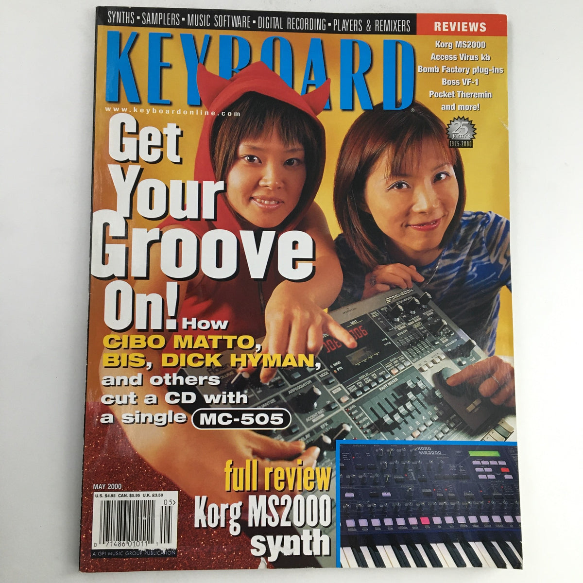 Cover of Keyboard Magazine May 2000 featuring Cibo Matto, Bis, Dick Hyman, and a Korg MS2000 review. The magazine emphasizes the theme 'Get Your Groove On'.