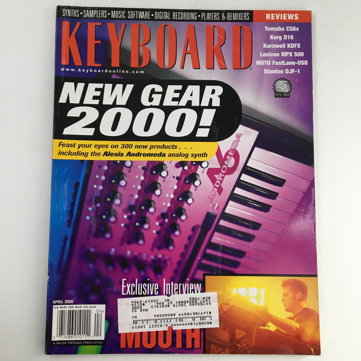 Cover of Keyboard Magazine April 2000 featuring an article on the Alesis Andromeda Analog Synth and a feature on Smash Mouth. The cover highlights 'NEW GEAR 2000' and includes images of synthesizers and music gear.