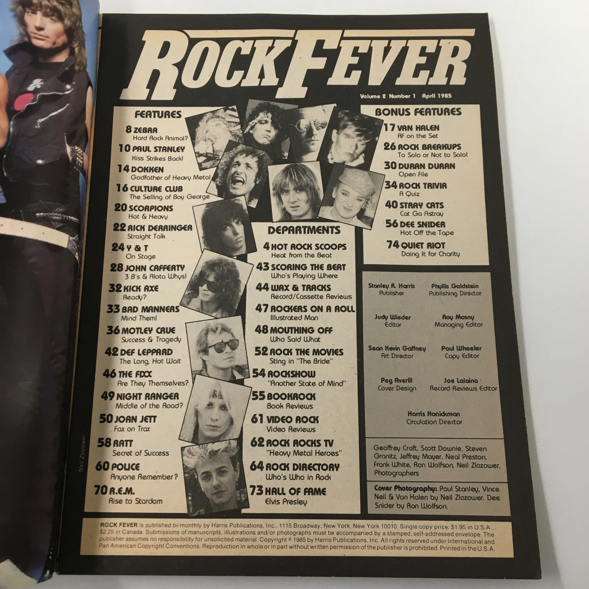 Inside page of VTG Rock Fever Magazine, April 1985 issue, listing featured artists and articles including Paul Stanley and Mötley Crüe, highlighting the vibrant rock scene.