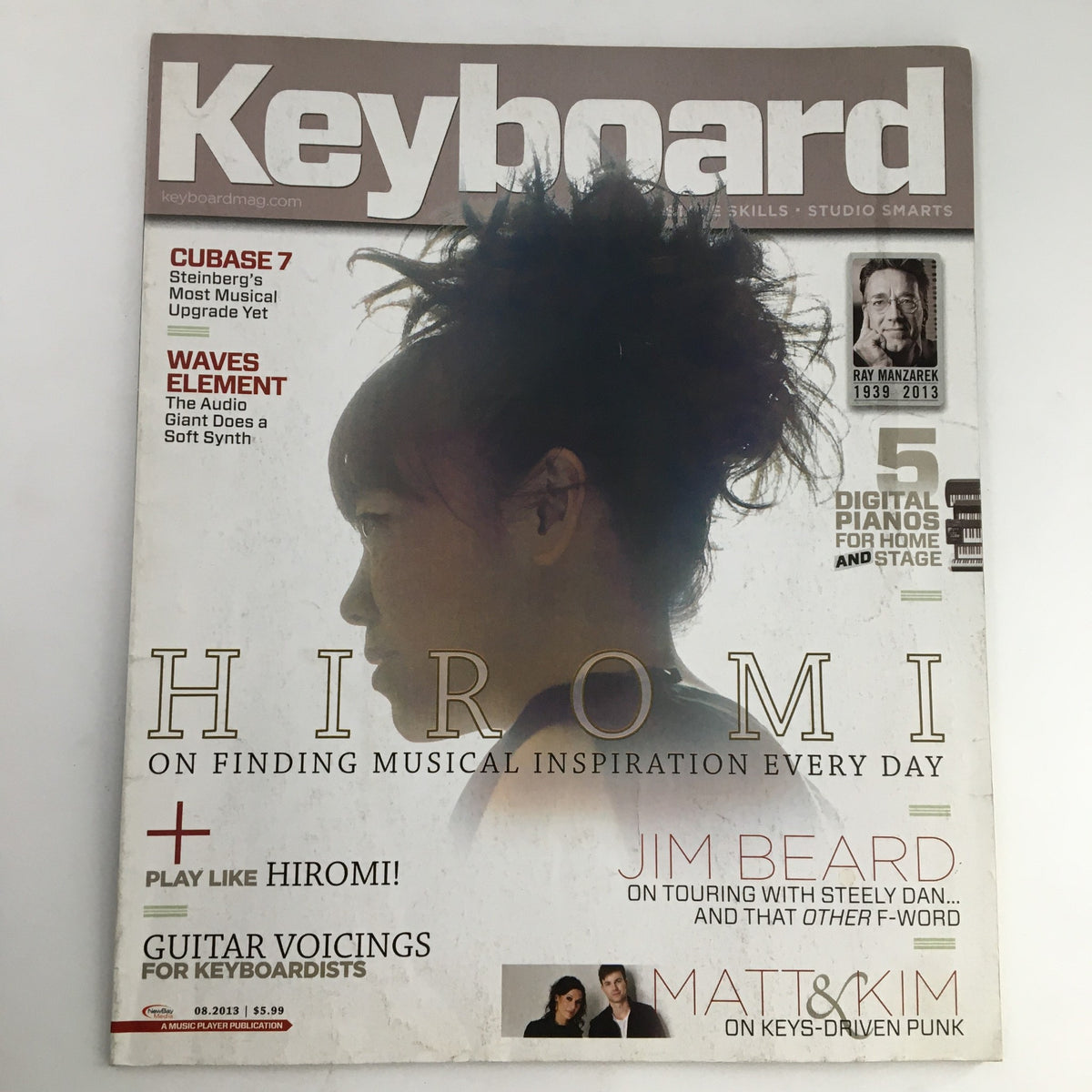 Keyboard Magazine August 2013 featuring Hiromi Uehara on the cover, highlighting musical inspiration and notable contributions from Jim Beard and Ray Manzarek.