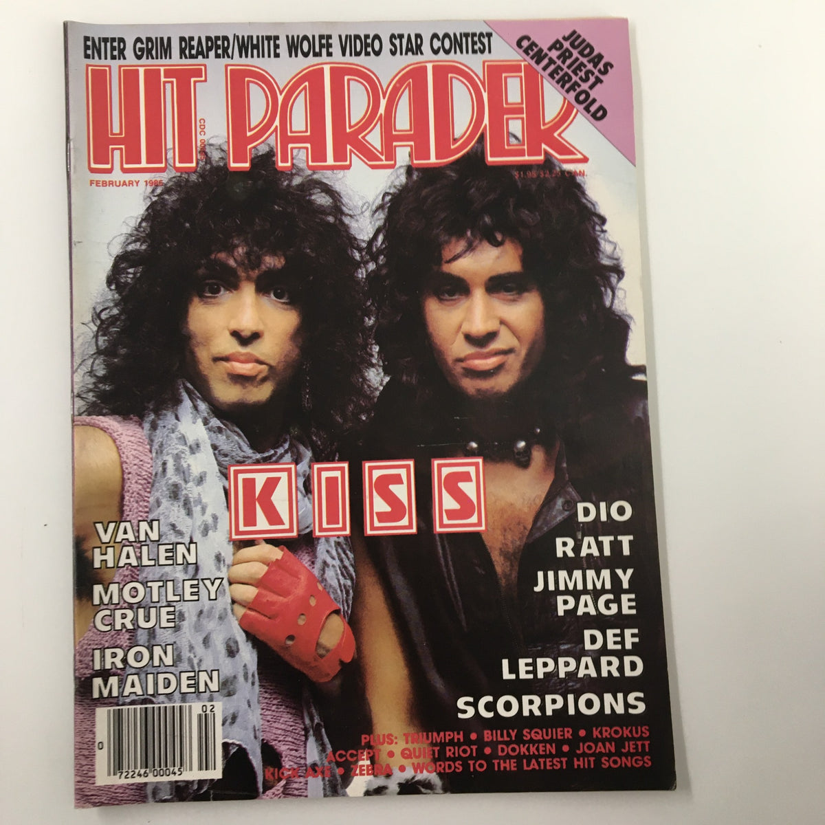 Cover of VTG Hit Parader Magazine February 1985 featuring Kiss, with headlines including Van Halen, Motley Crue, and Iron Maiden.