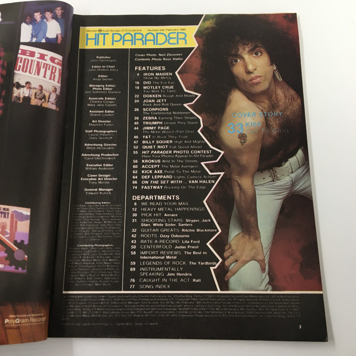 Inside page of VTG Hit Parader Magazine February 1985 showcasing the contents with a cover photo of a band member and feature articles on Iron Maiden and Kiss.
