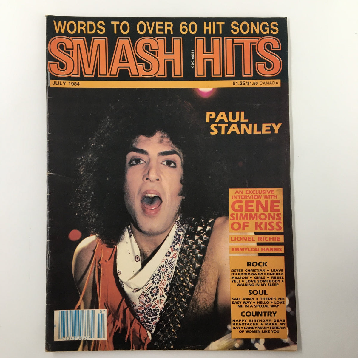 Cover of VTG Smash Hits Magazine July 1984 featuring Paul Stanley of Kiss, showcasing vibrant 1980s rock culture.