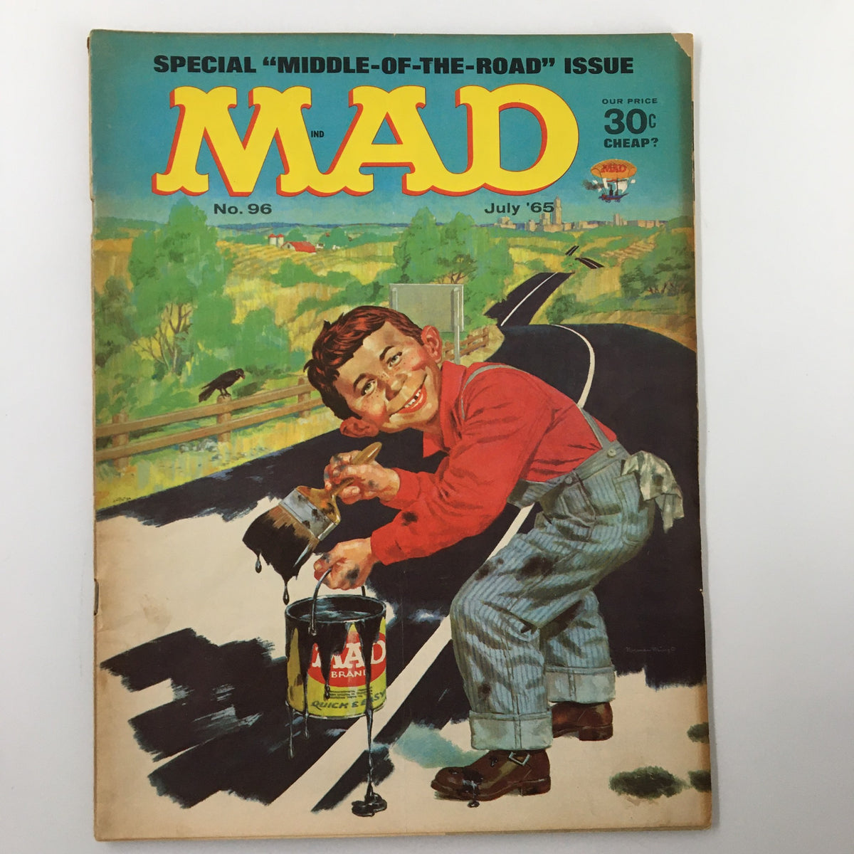 Cover of Mad Magazine July 1965 Middle of the Road Issue featuring a boy painting a road with a can, showcasing vintage comic art style.