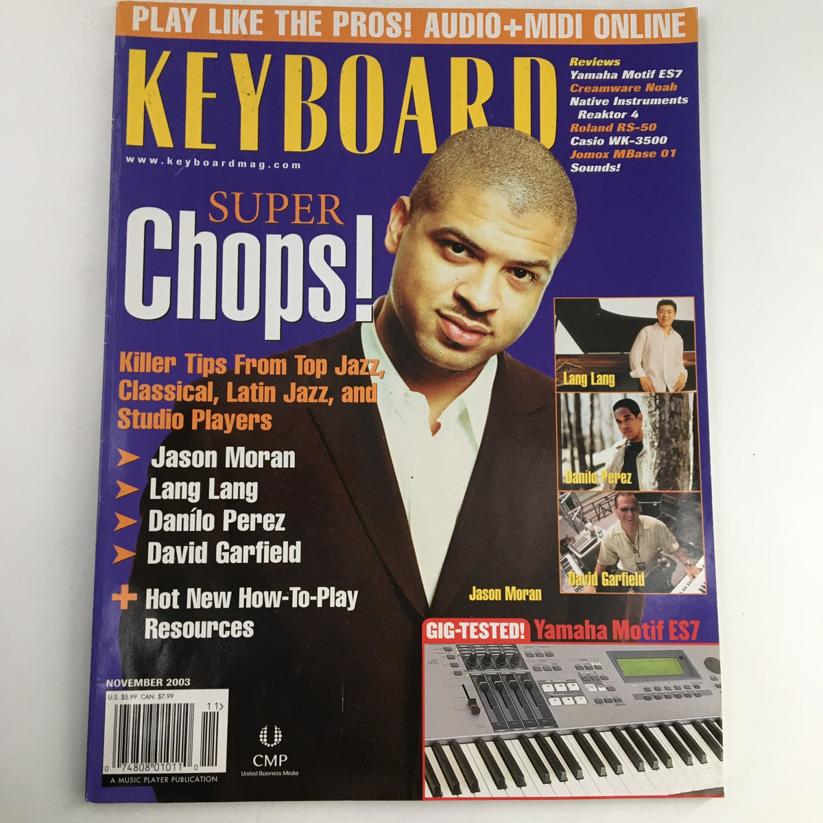 Keyboard Magazine cover from November 2003 featuring Jason Moran, David Garfield, Danilo Perez, and Lang Lang. The magazine highlights super chops, killer tips from top jazz musicians, and includes a Gig-Test review of the Yamaha Motif ES7.