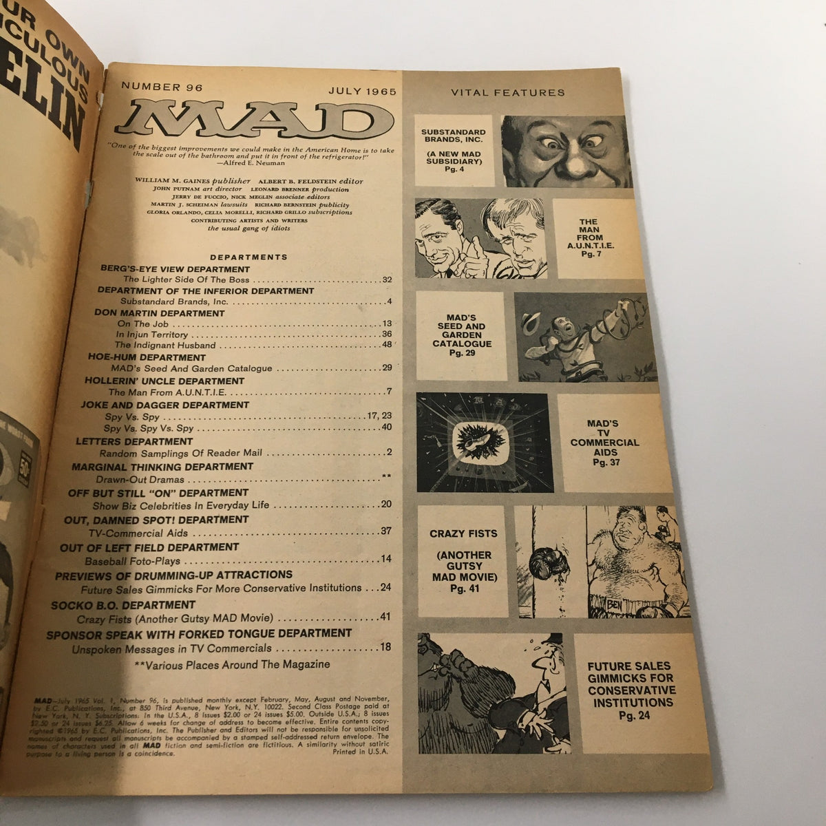 Interior page of Mad Magazine July 1965 Middle of the Road Issue displaying the table of contents and featured articles, showcasing classic magazine layout.