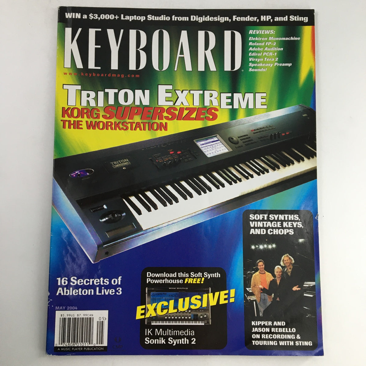 Cover of Keyboard Magazine May 2004 featuring Kipper and Jason Rebello, highlighting the Triton Extreme keyboard. Includes articles on music technology and reviews.