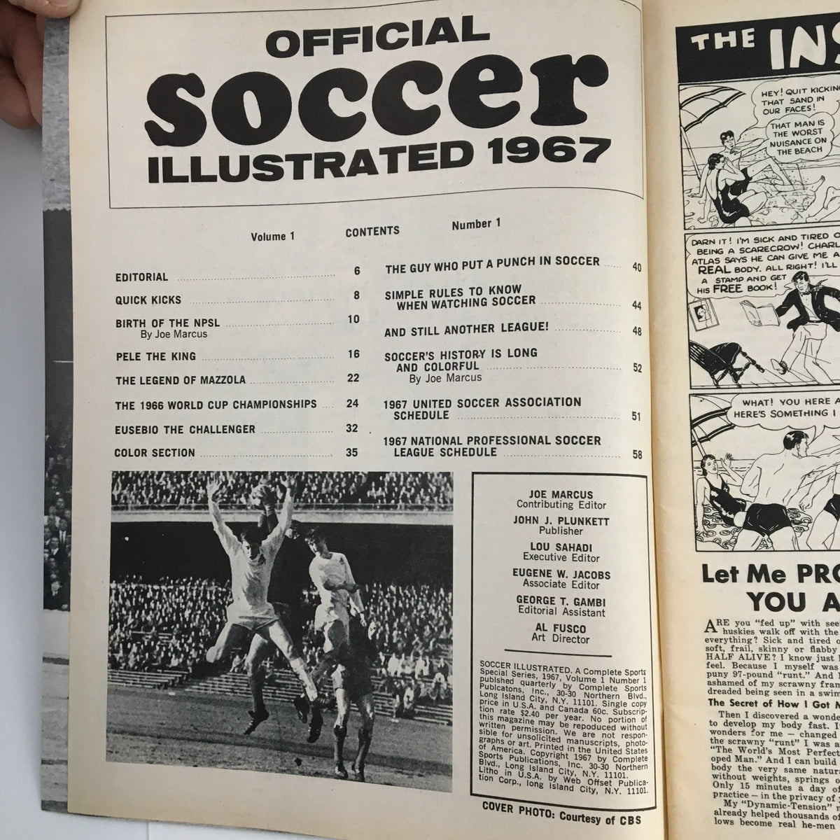 Interior page of Official Soccer Illustrated 1967 Vol 1 #1, including the contents and editorial highlights, featuring sections on Pele and Eusebio.
