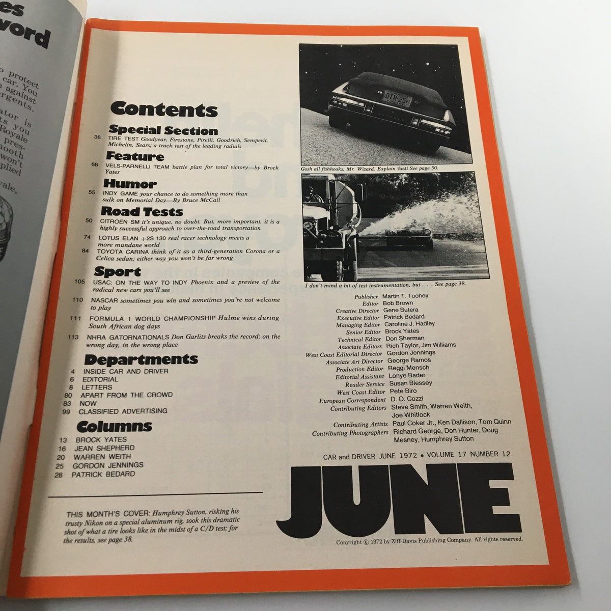 Contents page of VTG Car and Driver Magazine June 1972 featuring articles on the Toyota Carina, Lotus +2s 130, and various automotive topics.