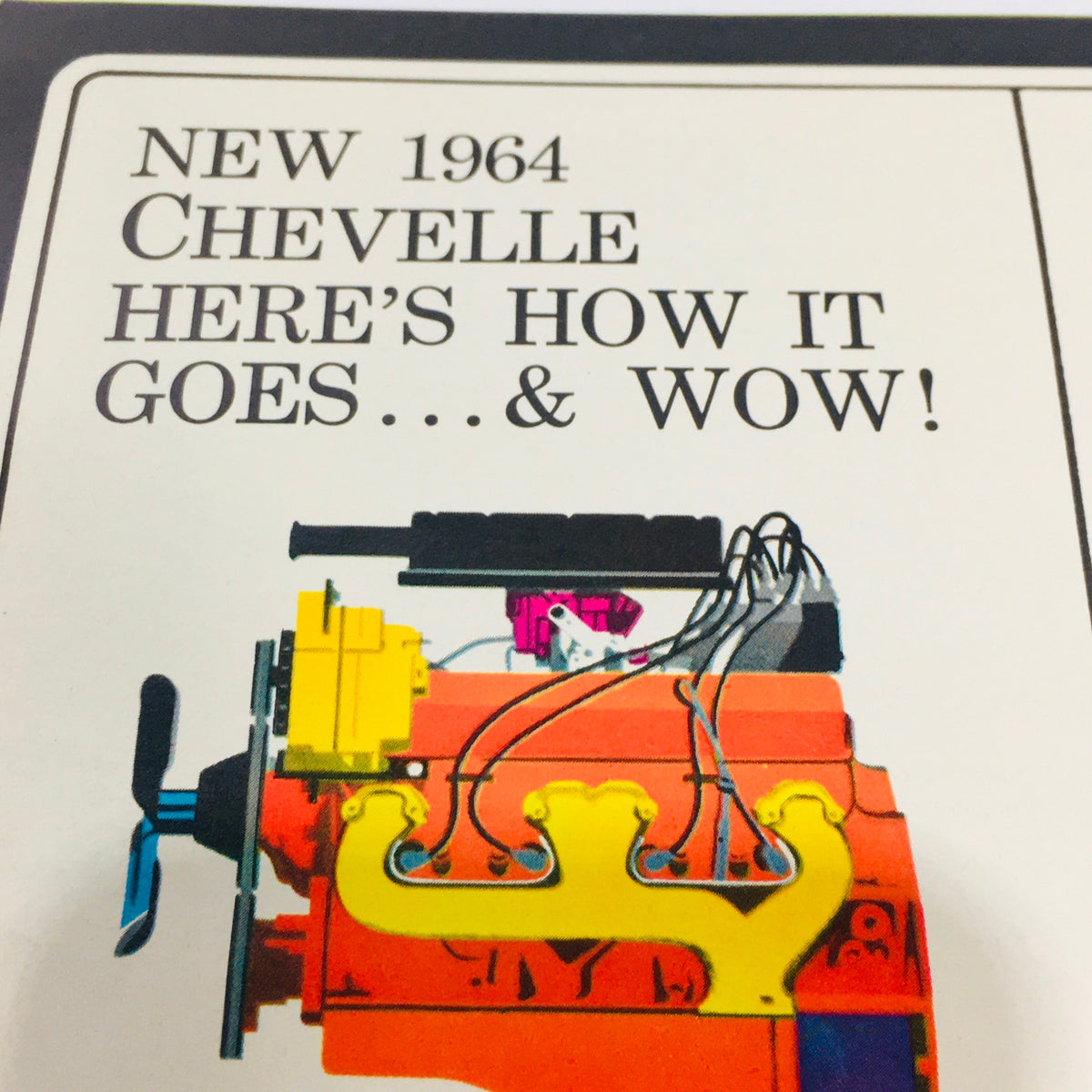 Illustration of the engine from the 1964 Chevrolet Chevelle Malibu Brochure with the text highlighting its performance features.