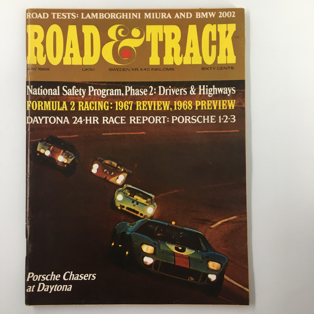 Cover of VTG Road & Track Magazine May 1968 featuring a prominent photo of Porsche Chasers at Daytona, showcasing vintage racing cars and motorsport excitement.