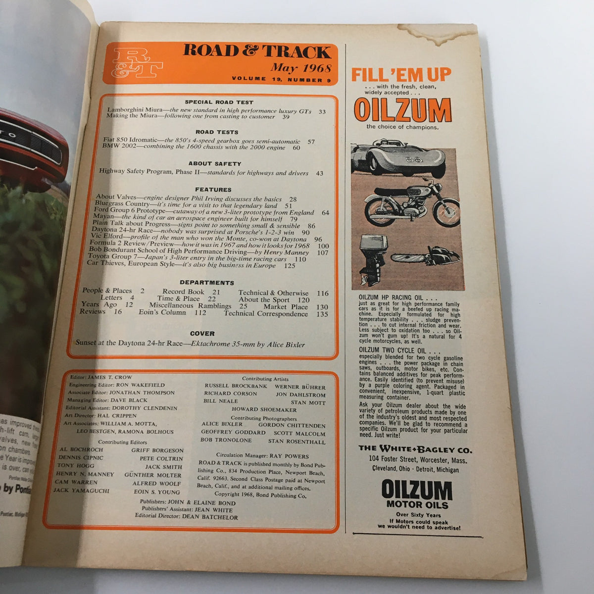 Interior page from VTG Road & Track Magazine May 1968 displaying the table of contents and sections including special road tests and safety programs.
