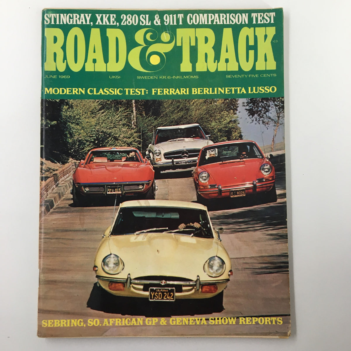 Cover of VTG Road & Track Magazine June 1969 featuring the Ferrari Berlinetta Lusso along with other iconic cars like the Stingray and Porsche 911.