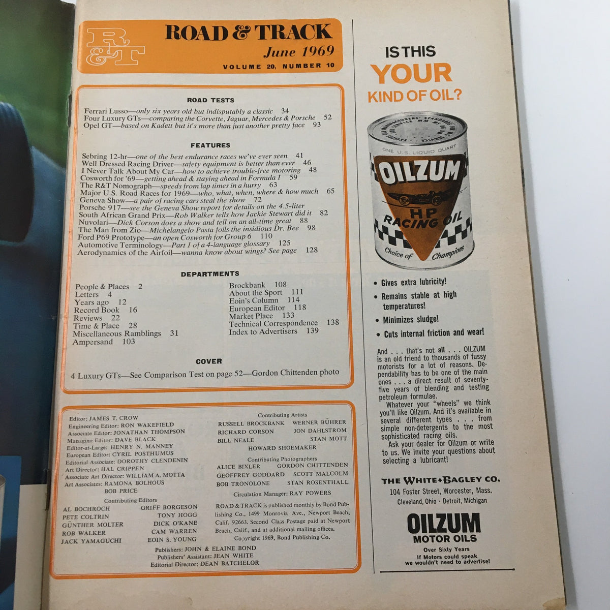 Table of contents from VTG Road & Track Magazine June 1969, highlighting features and road tests, including the Ferrari Berlinetta Lusso.