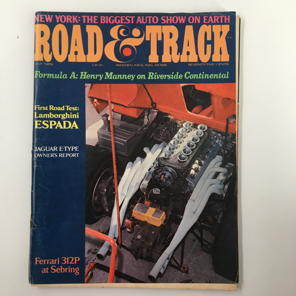 VTG Road & Track Magazine July 1969 cover featuring the Ferrari 312P at Sebring, with highlights like Lamborghini Espada and Jaguar E-Type owner's report.