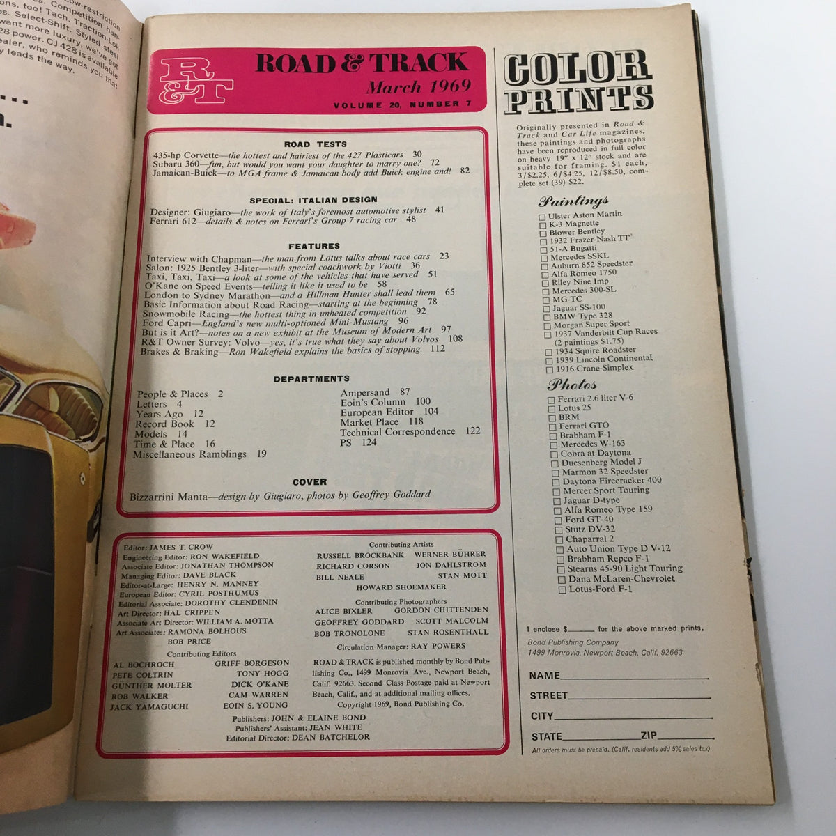 Inside page of VTG Road & Track Magazine March 1969 featuring the table of contents with details about the Bizzarrini Manta and other automotive articles.