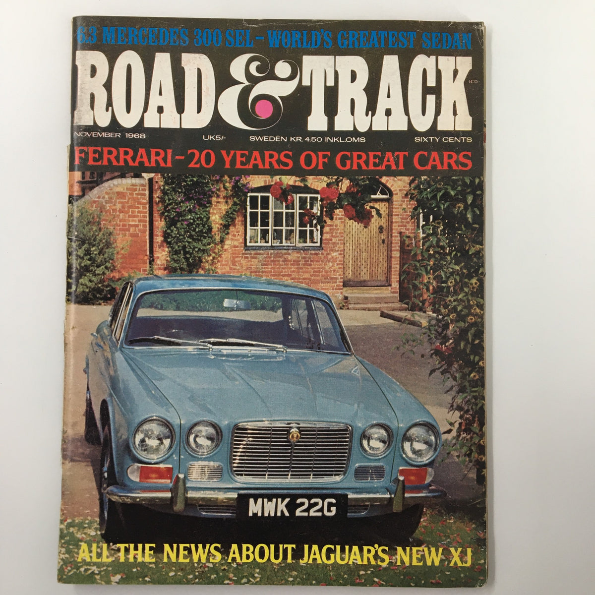 VTG Road & Track Magazine November 1968 featuring the Jaguar's New XJ on the cover with a classic car and vintage design, perfect for automotive enthusiasts and collectors.