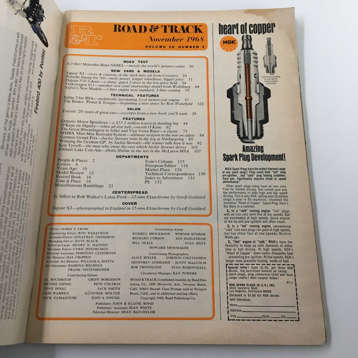 Interior page from VTG Road & Track Magazine November 1968 showcasing the table of contents with features on the Jaguar XJ, technical articles, and contributors' details.