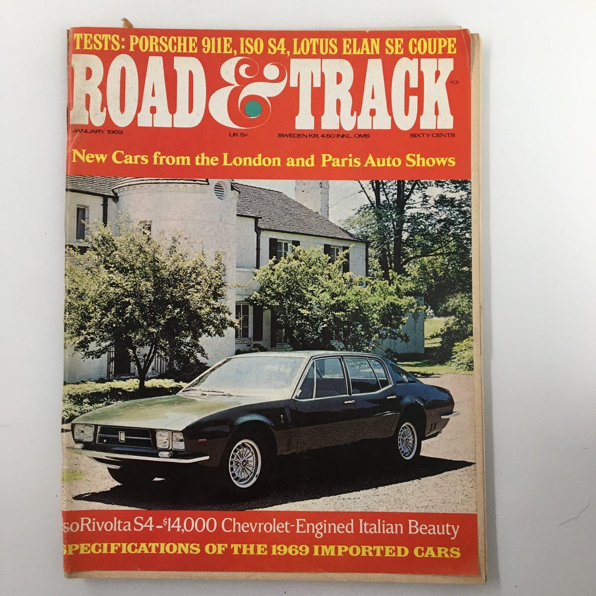 VTG Road & Track Magazine January 1969 featuring an Iso Rivolta S4 Chevrolet-engined Italian beauty on the cover, showcasing classic car design and automotive history.