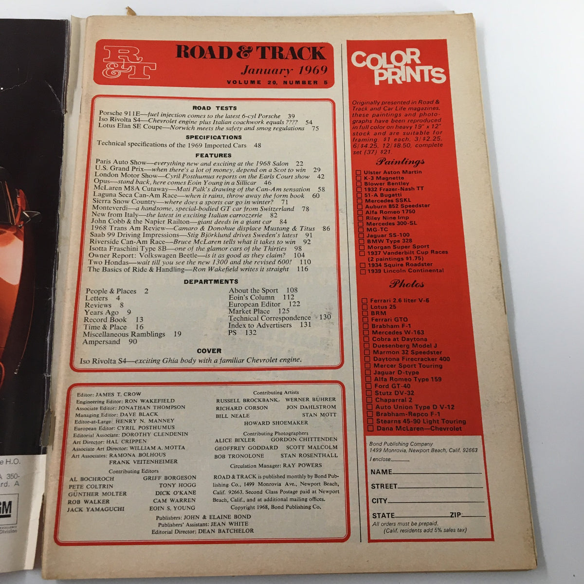 Inside page of the VTG Road & Track Magazine January 1969 detailing road tests and specifications of the 1969 imported cars, including a table of contents.