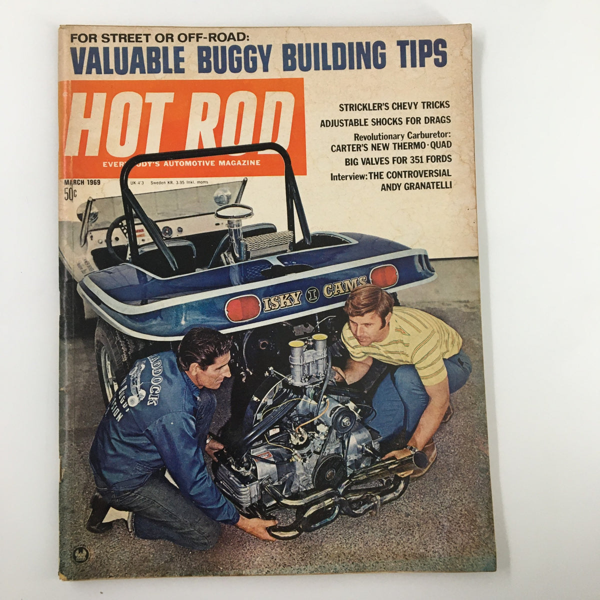 Cover of VTG Hot Rod Magazine March 1969 featuring an article on Andy Granatelli, displaying a blue buggy with a technical overview of car modifications and building tips.