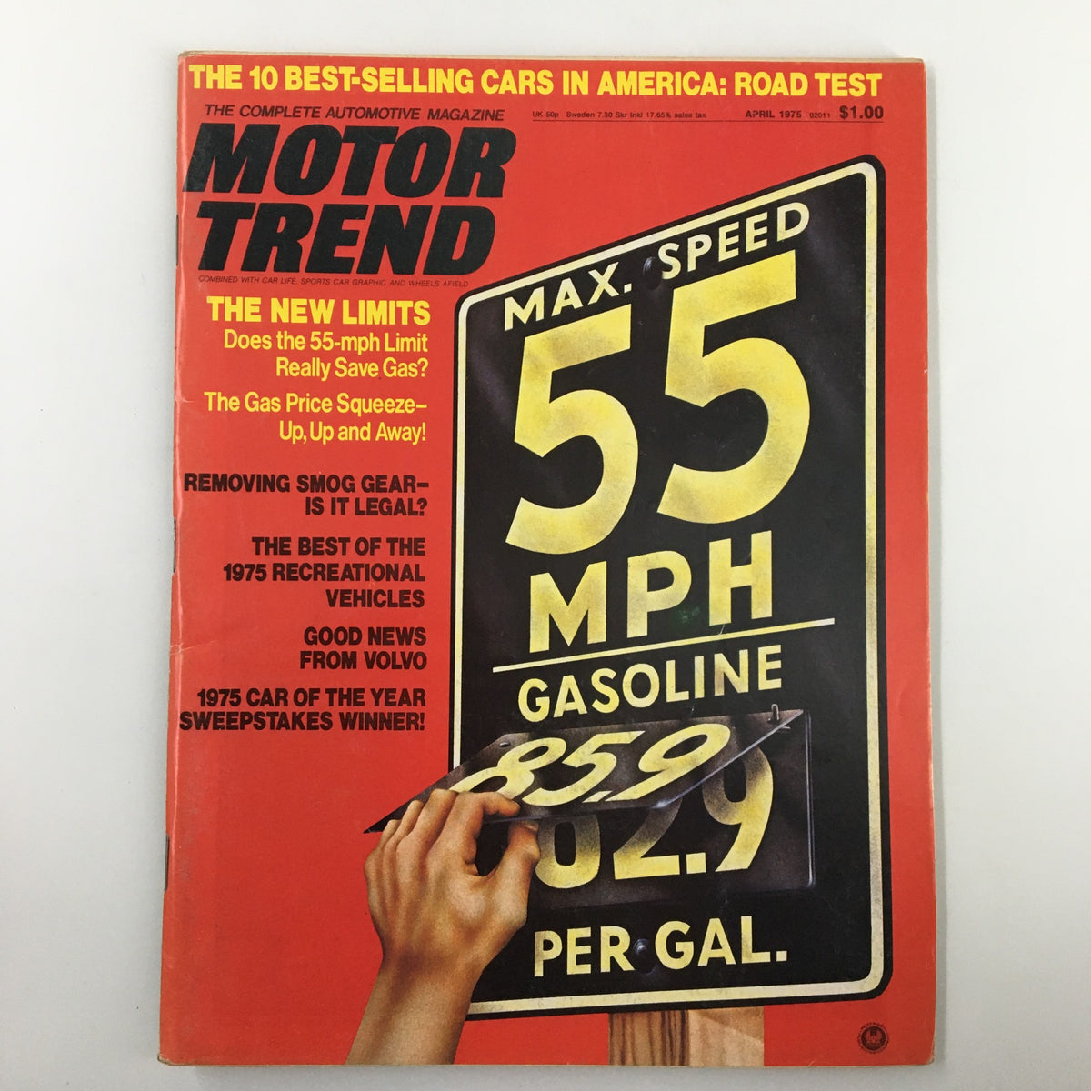 Cover of the VTG Motor Trend Magazine April 1975 titled 'The Gas Price Squeeze Up Up & Away', showcasing a speed limit sign and highlighting the gas price of $0.859 per gallon, reflecting automotive trends during the oil crisis.