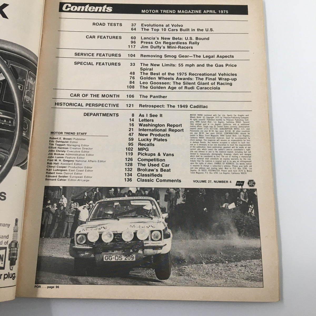 Contents page of the VTG Motor Trend Magazine April 1975, listing articles on road tests, car features, smog gear legality, and other automotive insights related to the era.