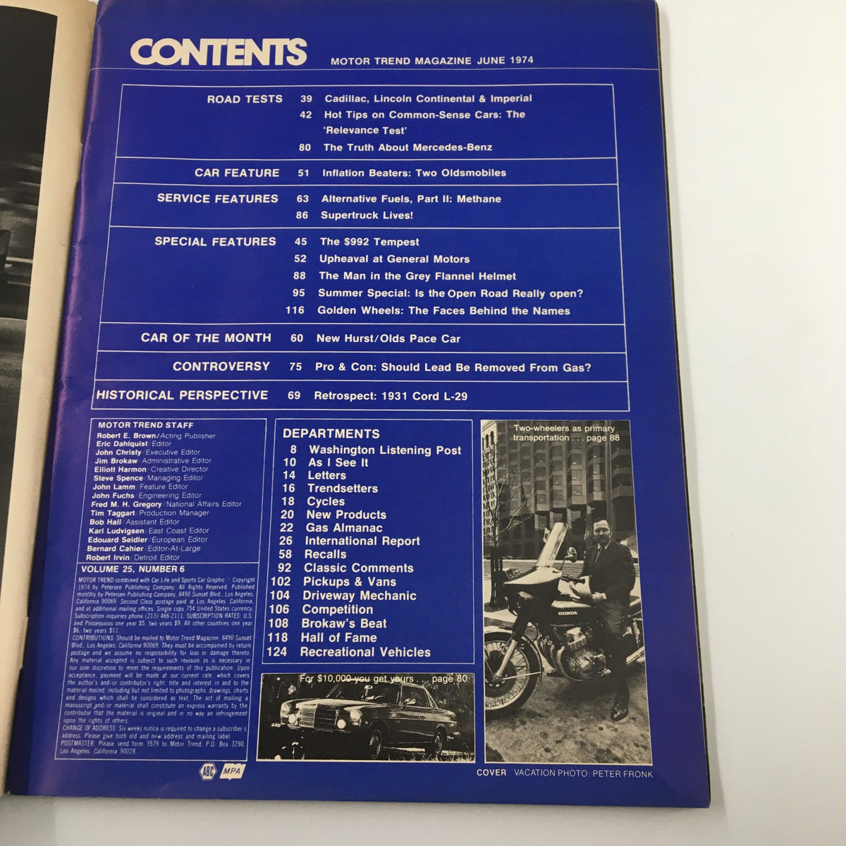 Contents page of VTG Motor Trend Magazine June 1974 titled 'The Man In The Grey Flannel Helmet,' showcasing various articles, features, and topics covered in the issue, including vehicle tests and automotive industry insights.